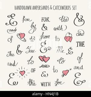 Set of hand drawn ampersands and catchwords. Vector illustration. Stock Vector