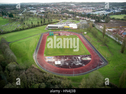 The Abbey Stadium athletics track in the Worcestershire town of Redditch, UK. Stock Photo