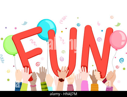 Illustration of Kids Waving Cutouts of the Word Fun Stock Photo