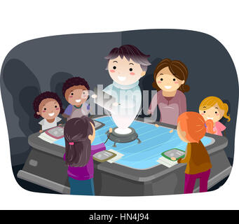 Stickman Illustration of Kids Listening to a Teacher Projected by a Hologram Stock Photo