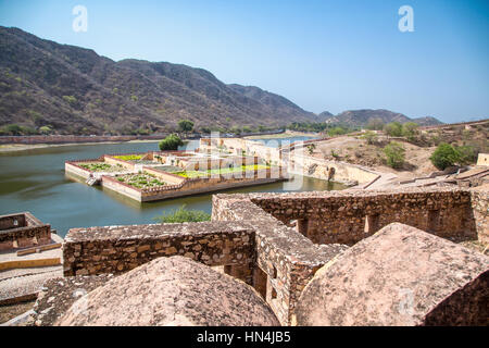 Amber fort gardens on Maota Lake, Jaipur, India Stock Photo