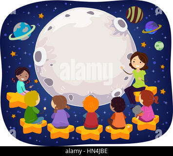 Stickman Illustration of a Teacher Teaching Kids in Space Stock Photo