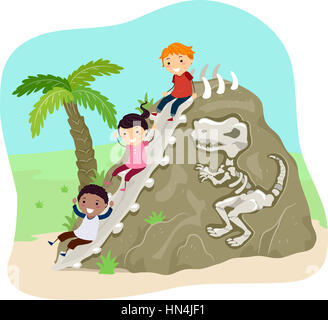 Stickman Illustration of Kids Sliding Down a Rock with Fossils Embedded on It Stock Photo