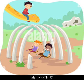 Stickman Illustration of Kids Playing on a Swing Made from Dinosaur Bones Stock Photo