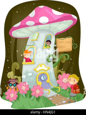 Stickman Illustration of Kids Playing in a Mushroom House Stock Photo