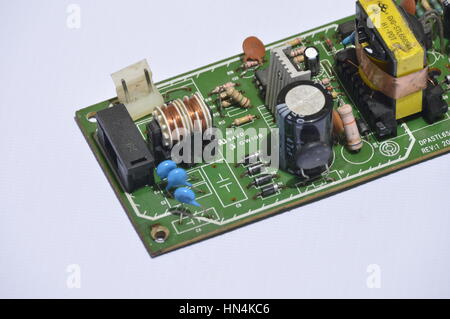 Close-up view of an electronic power supply card of a household appliance. Stock Photo