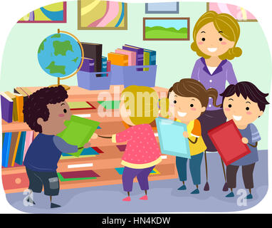 Illustration of Stickman Kids with Girl Teacher Doing an Earthquake ...