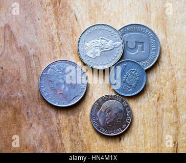 Old coins, comparison,Antiquarian coins of Switzerland, Germany, France Italy Spain Stock Photo