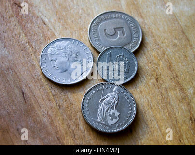 Old coins, comparison,Antiquarian coins of Switzerland, Germany, France Italy Spain Stock Photo