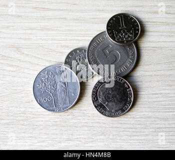 Old coins, comparison,Antiquarian coins of Switzerland, Germany, France Italy Spain Stock Photo