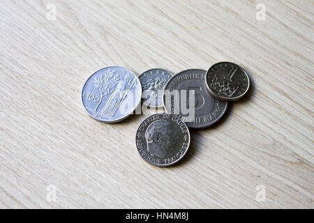 Old coins, comparison,Antiquarian coins of Switzerland, Germany, France Italy Spain Stock Photo