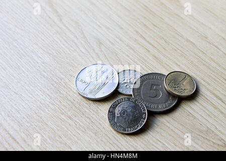 Old coins, comparison,Antiquarian coins of Switzerland, Germany, France Italy Spain Stock Photo