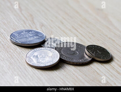 Old coins, comparison,Antiquarian coins of Switzerland, Germany, France Italy Spain Stock Photo