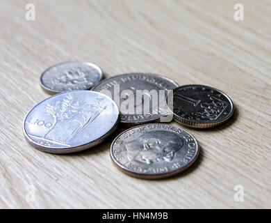 Old coins, comparison,Antiquarian coins of Switzerland, Germany, France Italy Spain Stock Photo