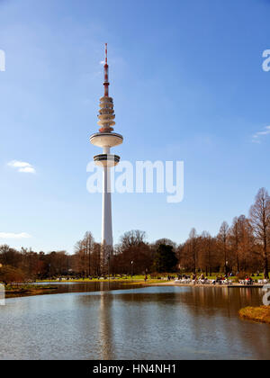 Hamburg, Germany - April 20th, 2013: Heinrich-Hertz-Turm, the radio telecommunication tower at Hamburg, seen from the old botanic garden. 279 meters t Stock Photo