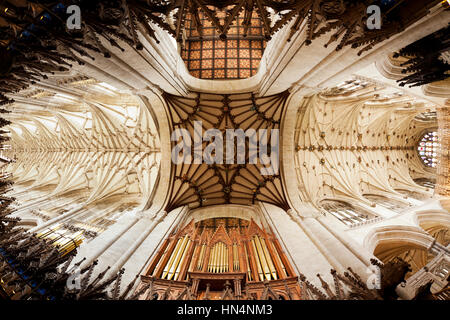 Winchester, Hampshire, UK - May 15, 2014: Fisheye view of the vaulted ceiling and the organ at Winchester Cathedral. Stock Photo
