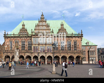Bremen, Germany - October 5th, 2015: Town hall of Bremen with the famous Roland statue in front