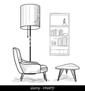 Interior design of living room with armchair, table, book-shelf and floor lamp. Lounge concept interior.. Flat classic, modern furniture design in 196 Stock Vector