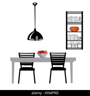 Kitchen furniture set: table, chairs, lamp and cupboard  Dining Room Interior Vector Illustration Stock Vector