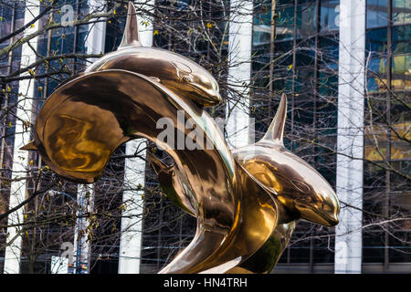 Art installation of Killer Whales in downtown Vancouver Stock Photo