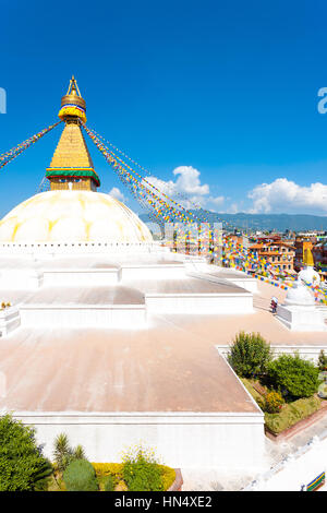 Aerial view of Boudhanath Stupa on blue sky day in Kathmandu, Nepal Stock Photo