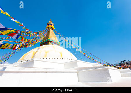 White base and second level platform supporting eyes of the spire at Boudhanath Stupa in Kathmandu, Nepal. Horizontal Stock Photo