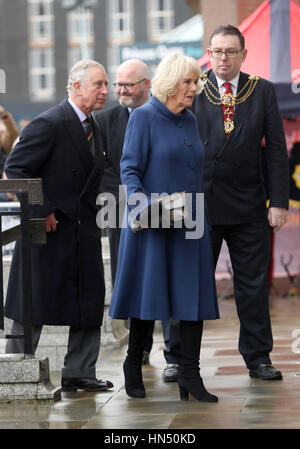 The Prince of Wales and the Duchess of Cornwall arrive at the newly refurbished Ferens Art Gallery during their visit to Hull as the city celebrates its year as UK City of Culture. Stock Photo