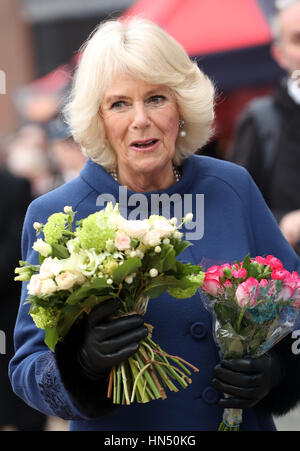 The Duchess of Cornwall arrives at the newly refurbished Ferens Art Gallery during a visit to Hull as the city celebrates its year as UK City of Culture. Stock Photo