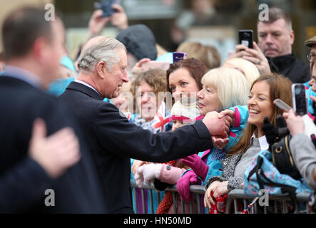 The Prince of Wales greets wellwishers as he arrives at the newly refurbished Ferens Art Gallery during a visit to Hull as the city celebrates its year as UK City of Culture. Stock Photo