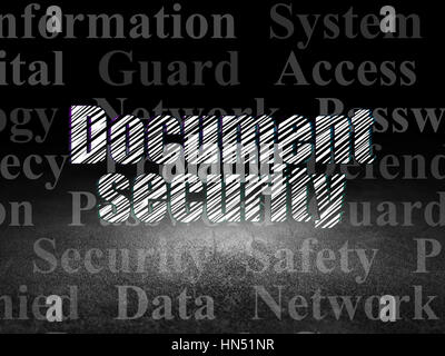 Privacy concept: Glowing text Document Security in grunge dark room with Dirty Floor, black background with  Tag Cloud Stock Photo