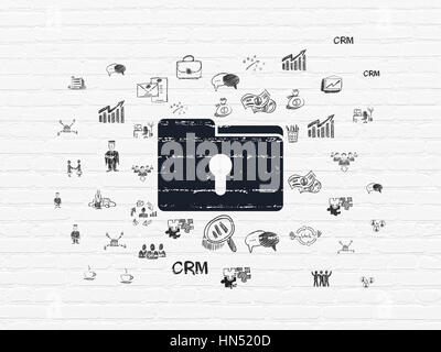 Business concept: Painted black Folder With Keyhole icon on White Brick wall background with  Hand Drawn Business Icons Stock Photo