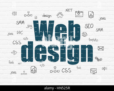 Web development concept: Painted blue text Web Design on White Brick wall background with  Hand Drawn Site Development Icons Stock Photo