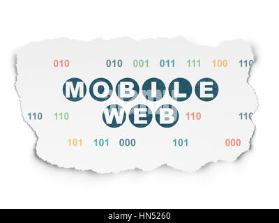 Web development concept: Painted blue text Mobile Web on Torn Paper background with  Binary Code Stock Photo
