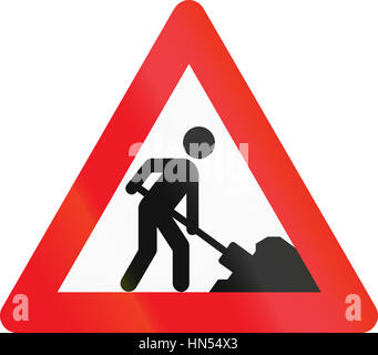 Warning road sign used in Denmark - Road works. Stock Photo