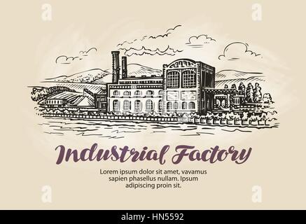 Industrial factory, plant sketch. Vintage building vector illustration Stock Vector