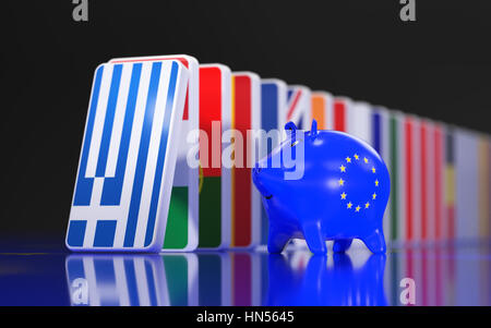 Flags of European Countries like a domino falling down. 3D rendering. Stock Photo