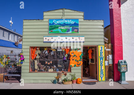 Little old shop in halloween style on main street Bridgeport, California, USA Stock Photo