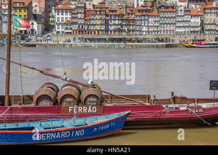 Port wine barrels on a ship in Porto, Portugal Stock Photo