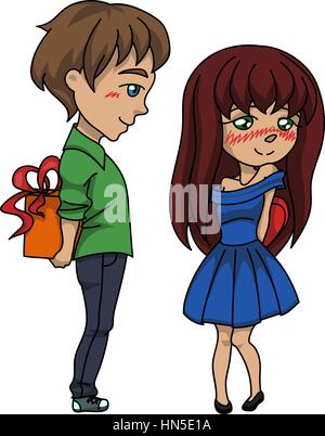 A young couple. Happy Valentine s Day cards. The boy gives a girl a gift Stock Vector