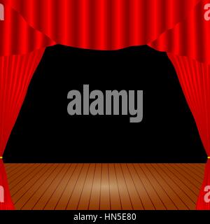 Cartoon theater. Theater curtain. Open theater curtain. Red silk side scenes on stage. Stock vector Stock Vector