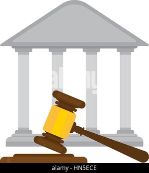 holding judges gavel with a courthouse in the background. flat design Stock Vector