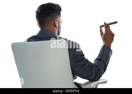 Rear view of businessman holding cigar against white background Stock Photo