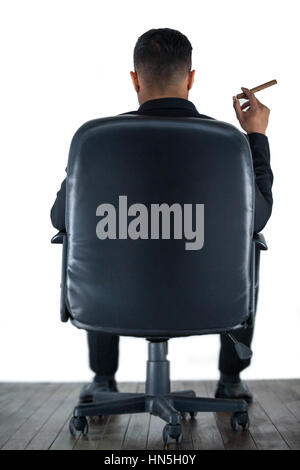 Rear view of businessman holding cigar against white background Stock Photo