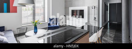Bright and modern apartment interior with grey wall tiles, kitchen worktop, television, and big window, panorama Stock Photo