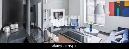 Modern and bright home interior with open floor plan, panorama Stock Photo