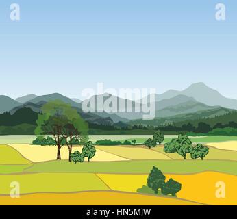 Rural landscape with mountains. Vector countryside view with forest, field and hills Stock Vector
