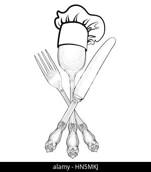 Cook hat over Spoon, Fork, Knife hand drawing sketch label. Cutlery icon collection.  Vector Catering outdoor events and restaurant service insignia.  Stock Vector