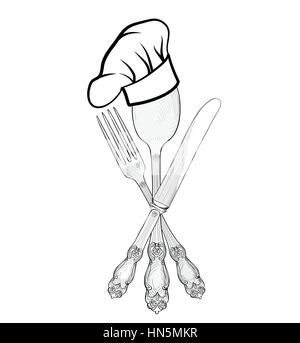 Cook hat over Spoon, Fork, Knife hand drawing sketch label. Cutlery icon collection.  Vector Catering outdoor events and restaurant service insignia.  Stock Vector