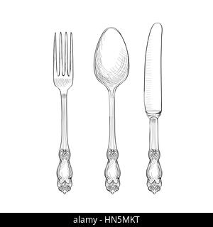 Fork, Knife, Spoon sketch set. Cutlery hand drawing collection. Catering engraved vector illustration. Restraunt  symbol Stock Vector