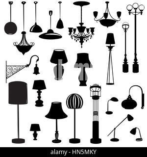 Interior furniture icons. Ceiling lamp icon set. Silhouette ceiling lamps light for home appliance indoor furniture. Stock Vector